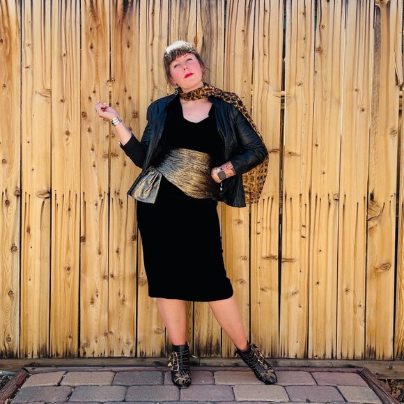 Vintage Dress 80s Black Velvet Gold Lame Fitted Formal Cocktail Sheath S - Picture 4 of 16